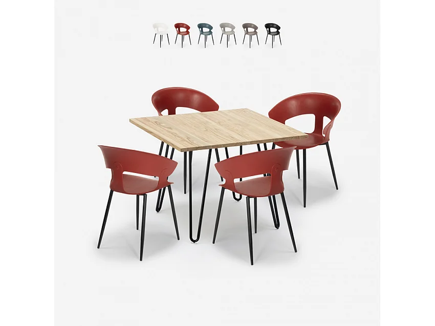 Ensemble Table 80x80cm Industriel et 4 Chaises Design Moderne Cuisine Industriel Maeve Light - Rouge