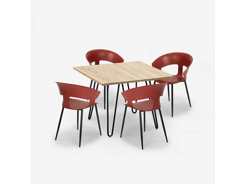 Ensemble Table 80x80cm Industriel et 4 Chaises Design Moderne Cuisine Industriel Maeve Light - Rouge