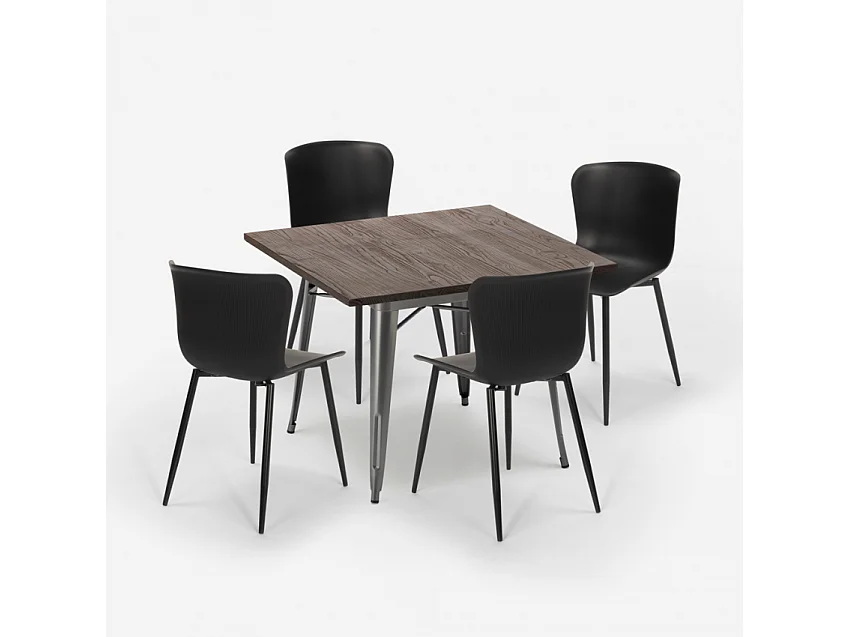 conjunto mesa cuadrada 80 x 80 cm diseño industrial 4 sillas anvil - Negro