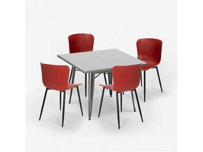 conjunto 4 sillas mesa cuadrada 80 x 80 cm diseño industrial wrench - Rojo