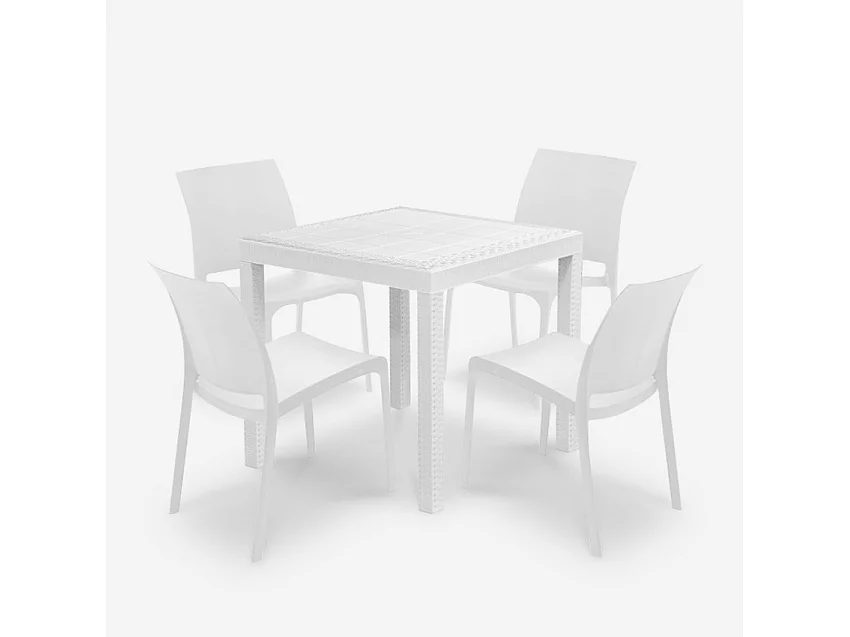 Set de 1 mesa de jardín para exterior 80x80 cm efecto ratán y 4 sillas color blanco Nisida Light