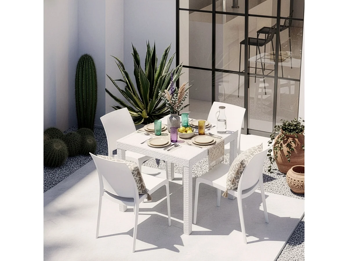 Set de 1 mesa de jardín para exterior 80x80 cm efecto ratán y 4 sillas color blanco Nisida Light