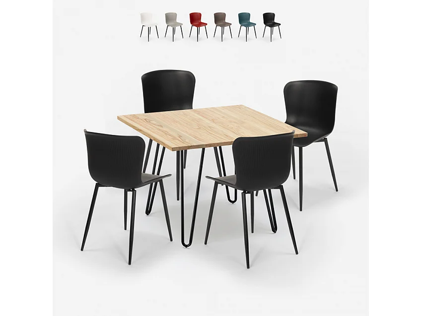 Ensemble 4 Chaises et 1 Table Carrée 80x80cm Design Industriel Claw Light - Noir