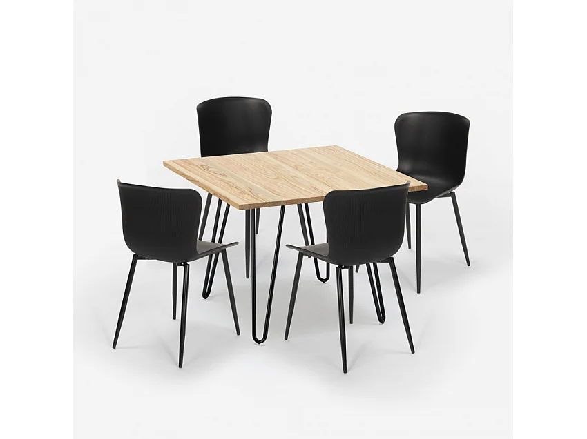 Ensemble 4 Chaises et 1 Table Carrée 80x80cm Design Industriel Claw Light - Noir