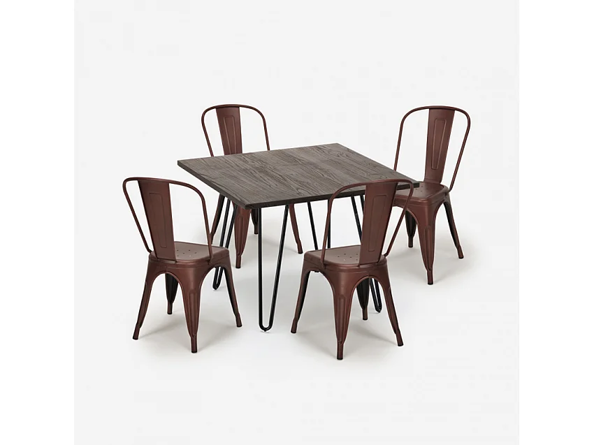 juego mesa cuadrada 80 x 80 cm madera metal 4 sillas vintage hedges dark - Bronze