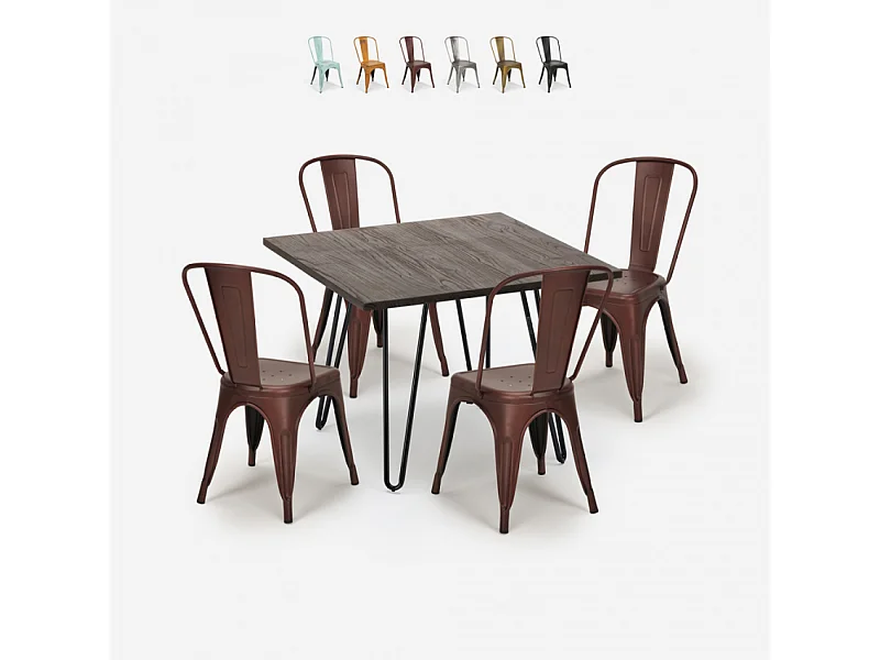 ensemble table carrée 80x80cm bois métal 4 chaises vintage style hedges dark - Bronze