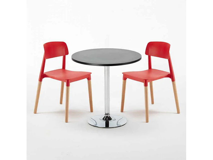 Table Ronde Noire 70x70 et 2 Chaises Colorées Bar Café Barcellona Cosmopolitan - Rouge