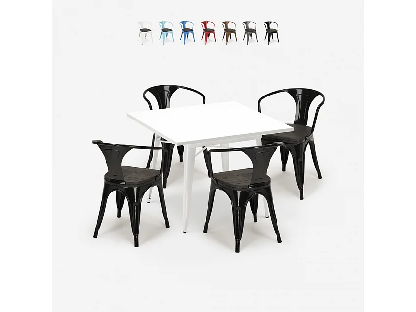 juego mesa cocina 80 x 80 cm 4 sillas estilo industrial madera acero century wood white - Negro