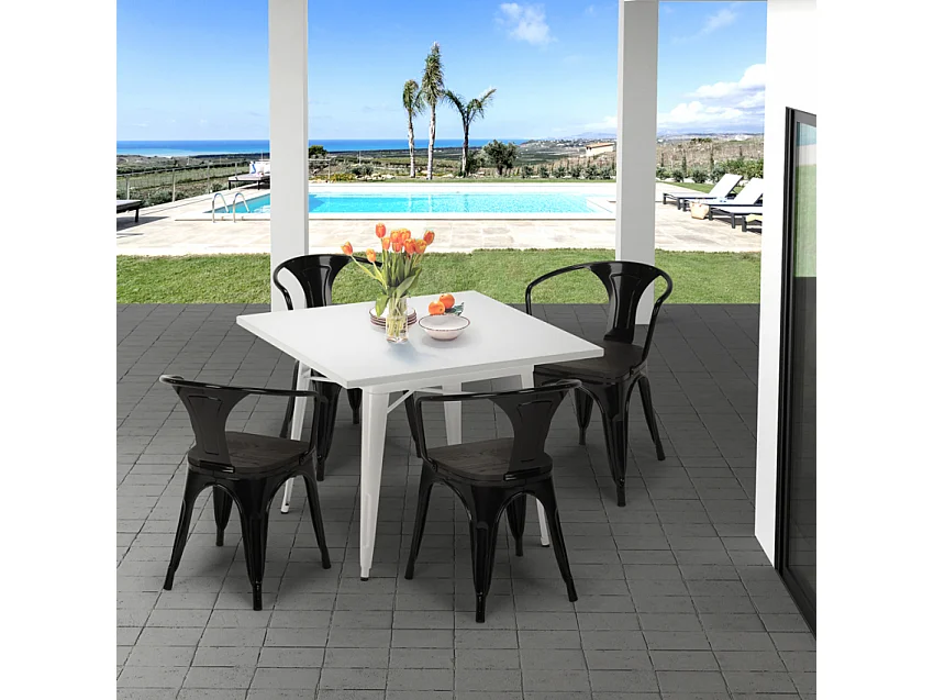 juego mesa cocina 80 x 80 cm 4 sillas estilo industrial madera acero century wood white - Negro