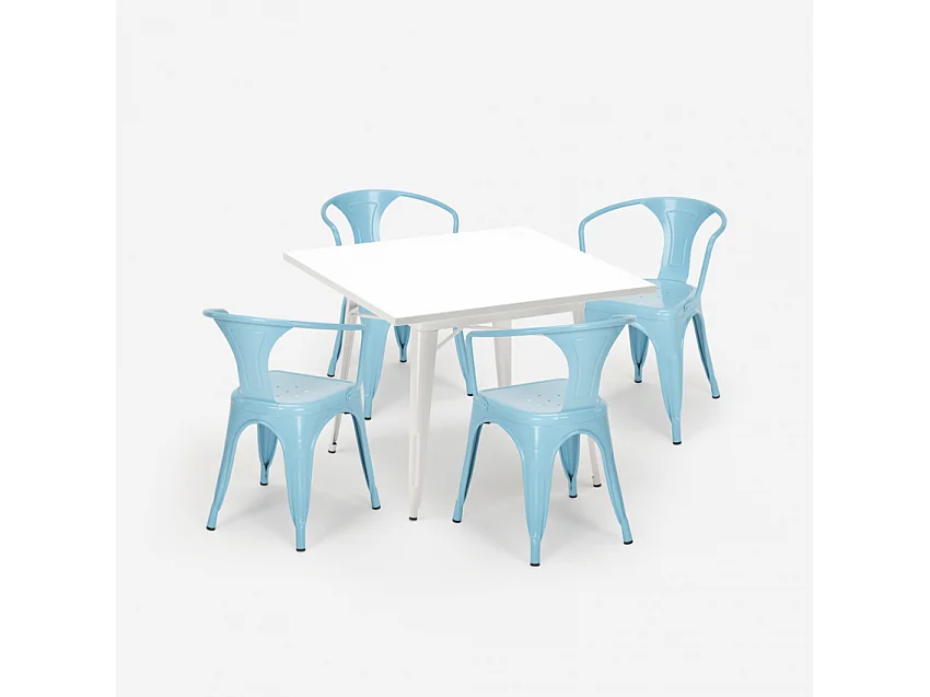juego cocina restaurante estilo industrial mesa acero 80 x 80 cm 4 sillas century white - Azul