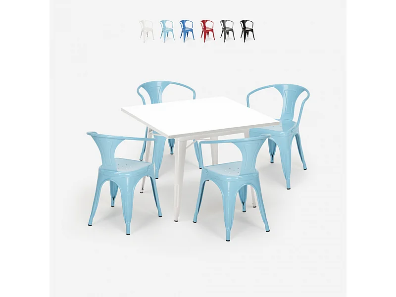 juego cocina restaurante estilo industrial mesa acero 80 x 80 cm 4 sillas century white - Azul