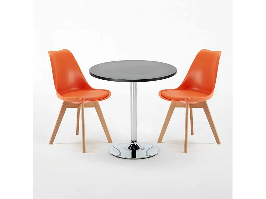 Table Ronde Noire 70x70cm 2 Chaises Colorées Intérieur Bar Café Nordica Cosmopolitan - Orange
