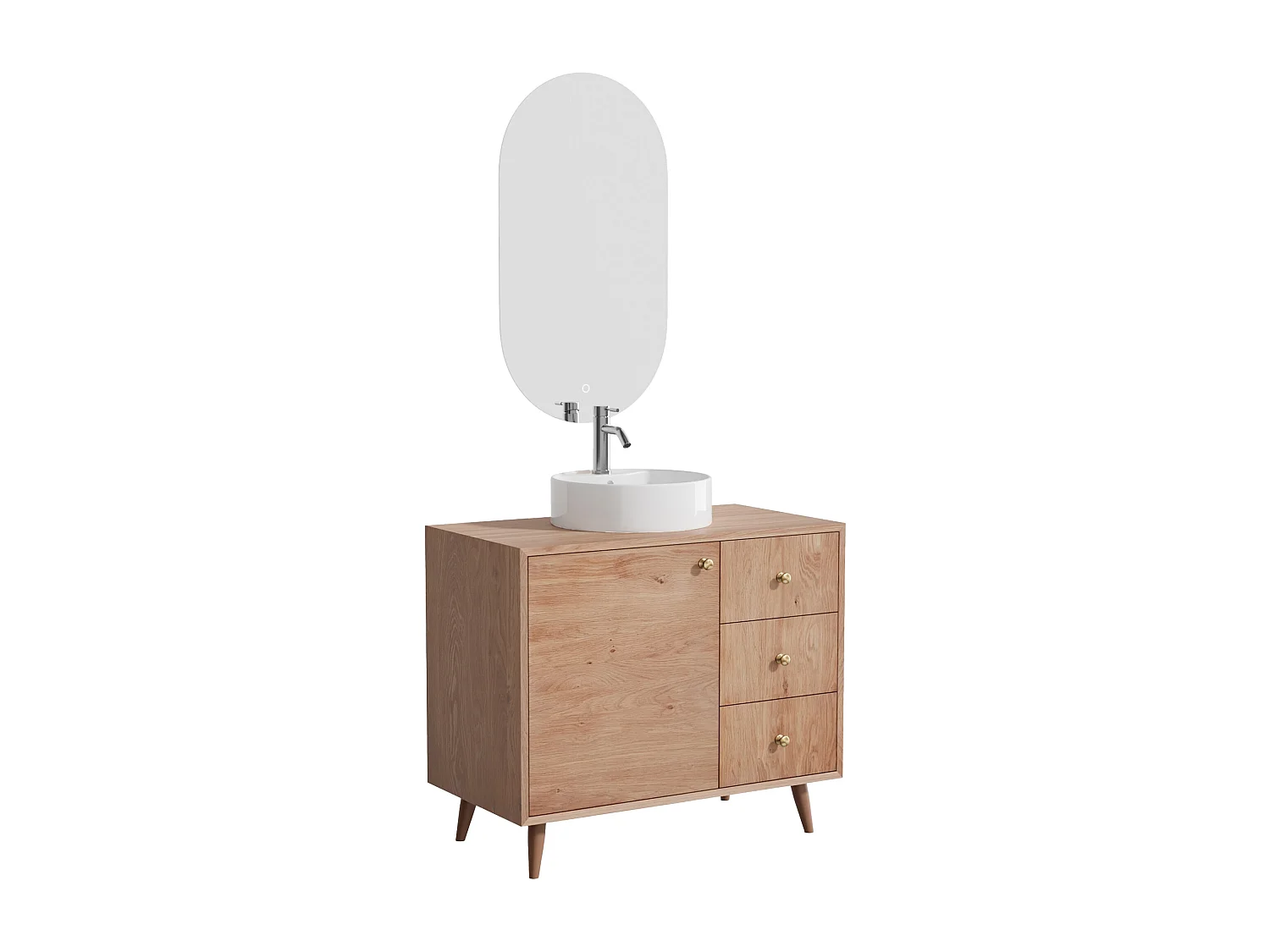 Mueble de baño de roble macizo con lavabo redondo sobre encimera, espejo y grifo - Natural claro - 93 cm - ZARENO