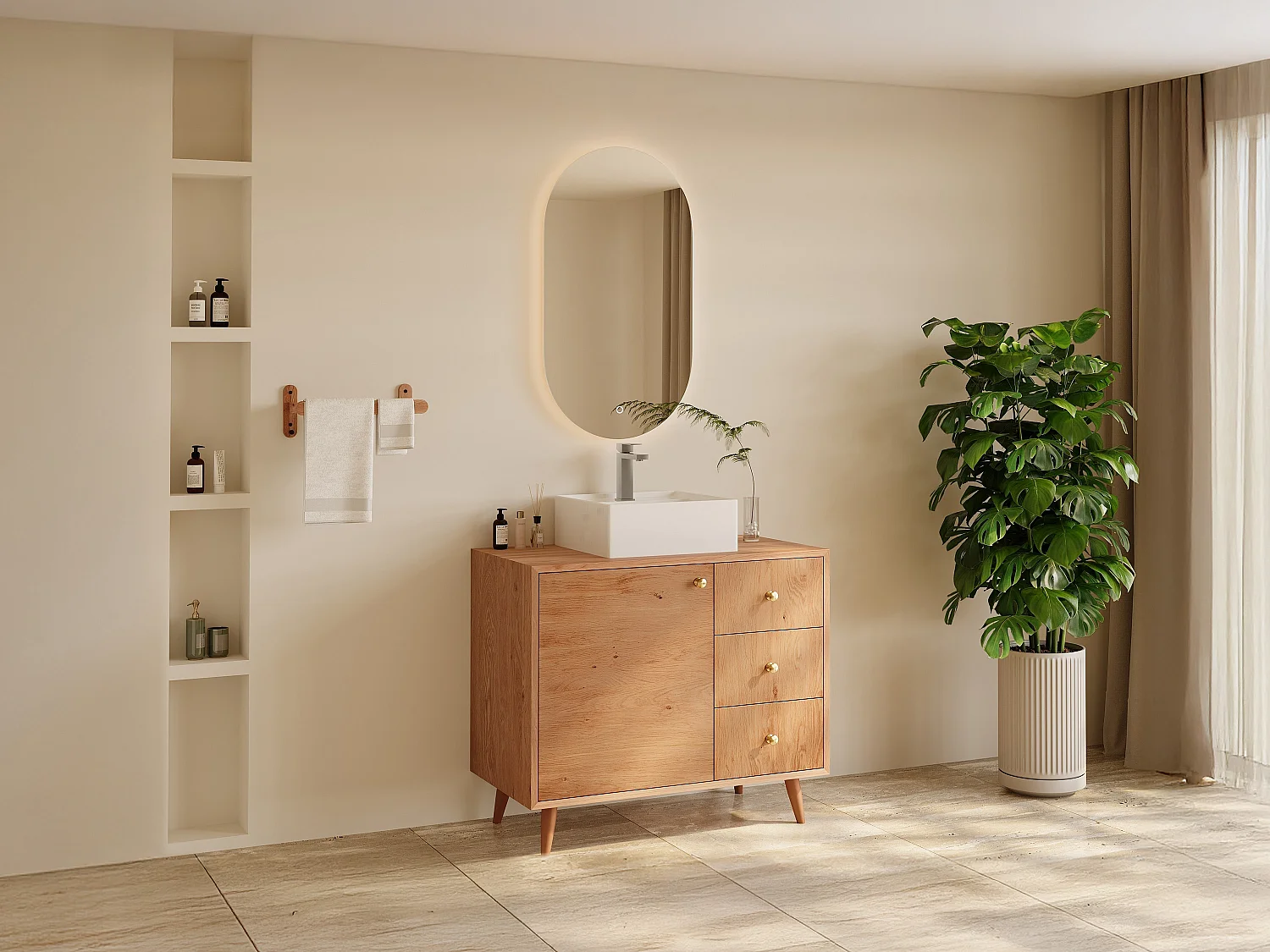 Mueble de baño de roble macizo con lavabo cuadrado sobre encimera, espejo y grifo - Natural claro - 93 cm - ZARENO