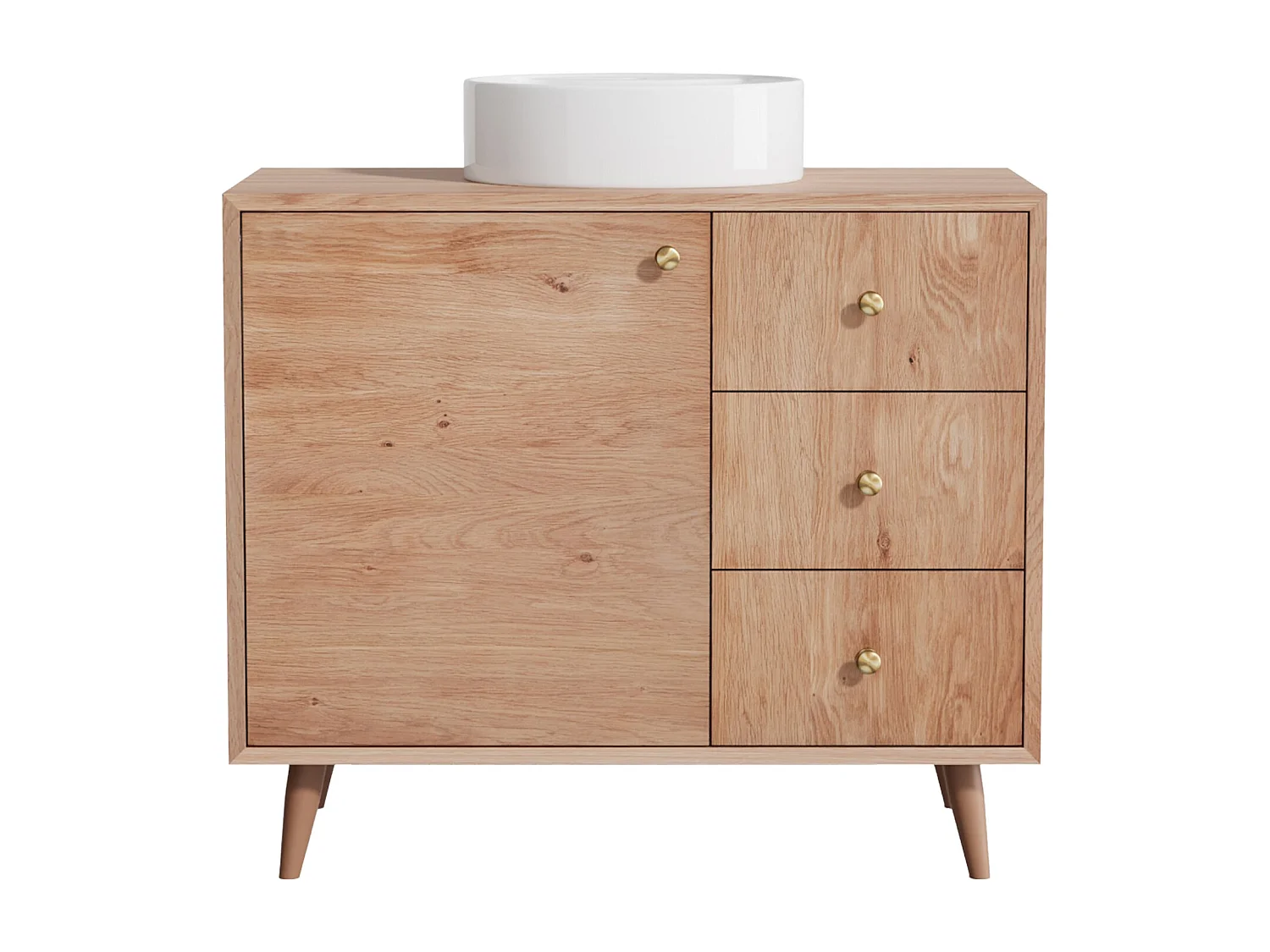 Meuble de salle de bain en chêne massif avec vasque à poser ronde  - Naturel clair - 93 cm - ZARENO