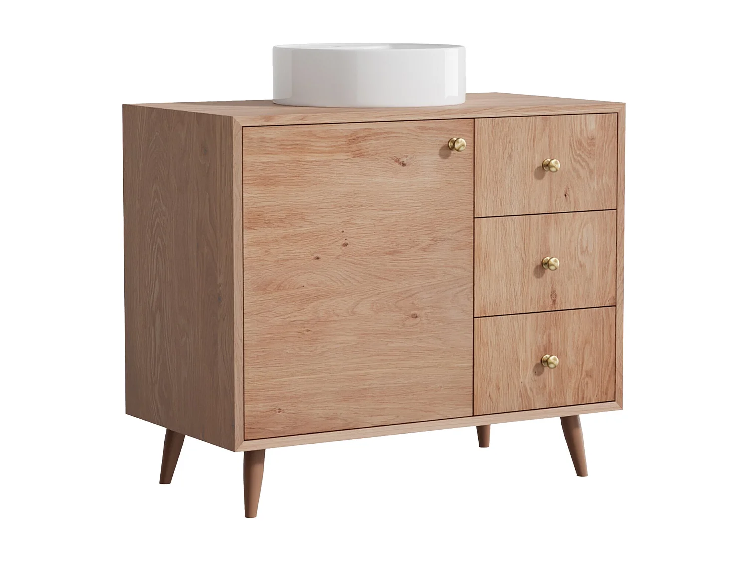 Meuble de salle de bain en chêne massif avec vasque à poser ronde  - Naturel clair - 93 cm - ZARENO