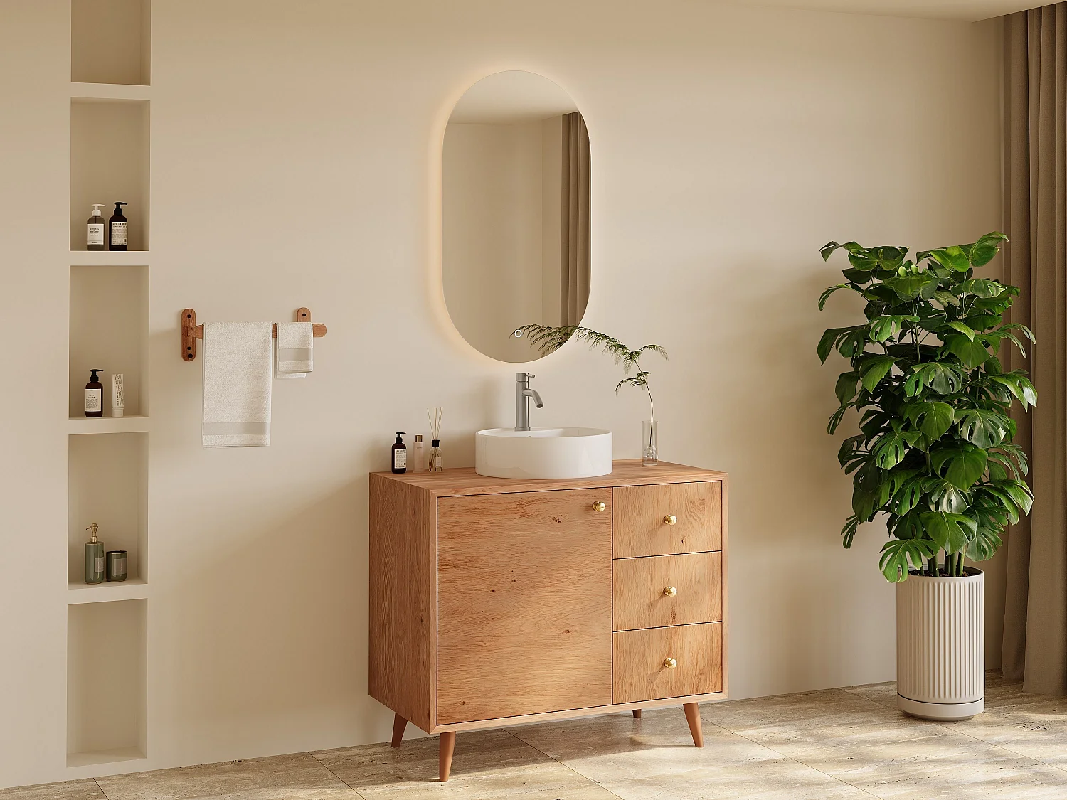 Meuble de salle de bain en chêne massif avec vasque à poser ronde et robinet - Naturel clair - 93 cm - ZARENO