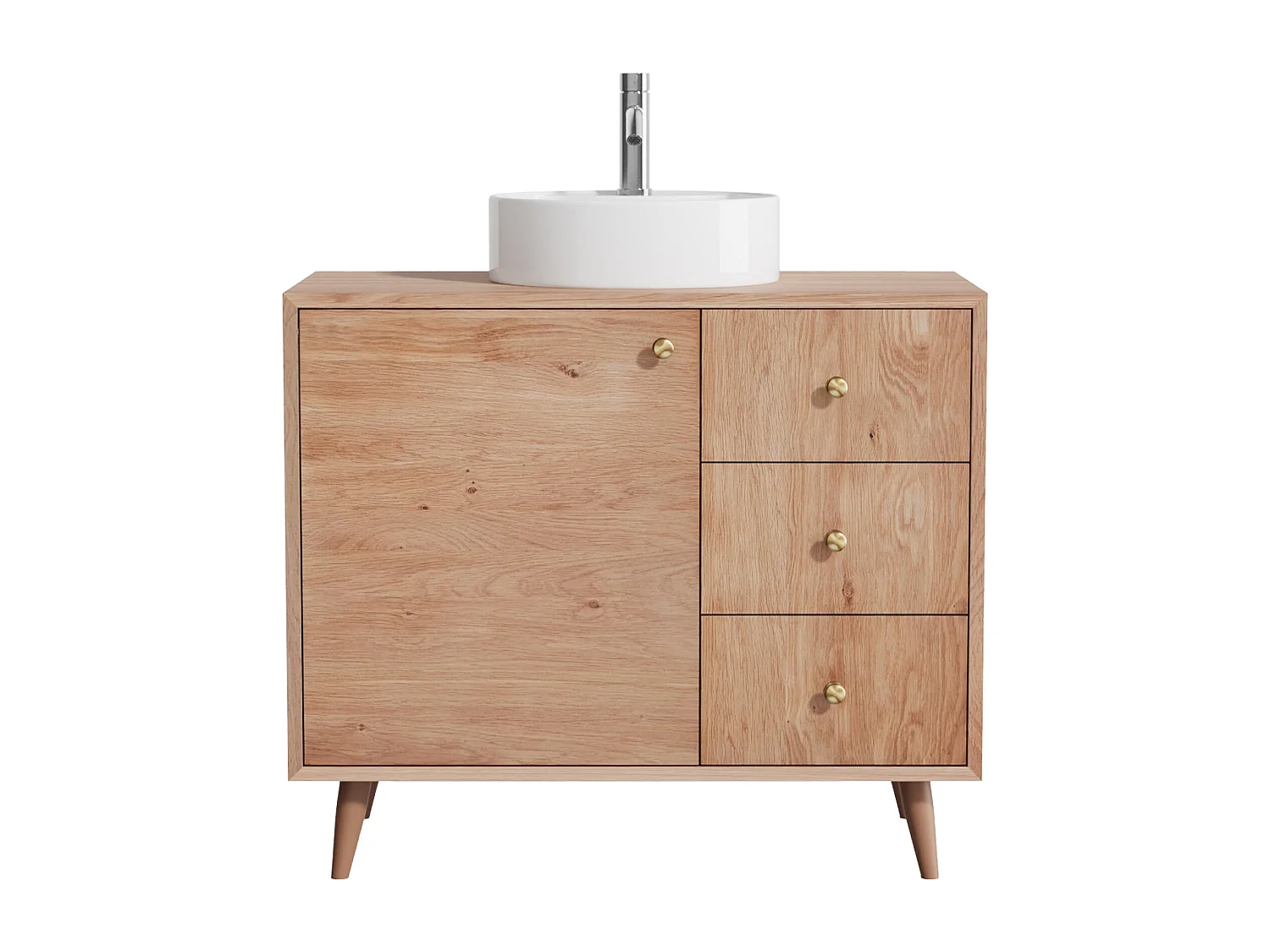 Meuble de salle de bain en chêne massif avec vasque à poser ronde et robinet - Naturel clair - 93 cm - ZARENO