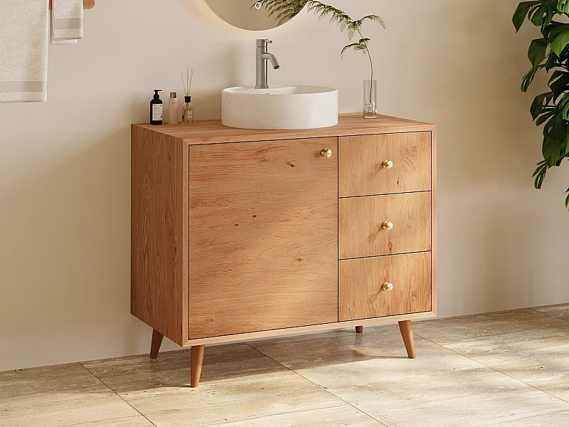 Meuble de salle de bain en chêne massif avec vasque à poser ronde et robinet - Naturel clair - 93 cm - ZARENO