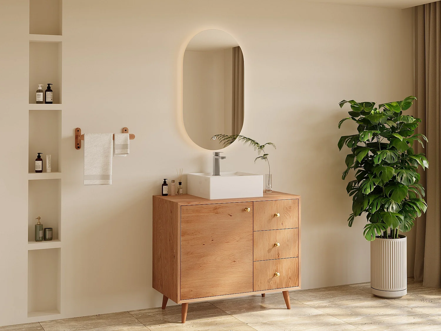 Meuble de salle de bain en chêne massif avec vasque à poser carrée et robinet - Naturel clair - 93 cm - ZARENO