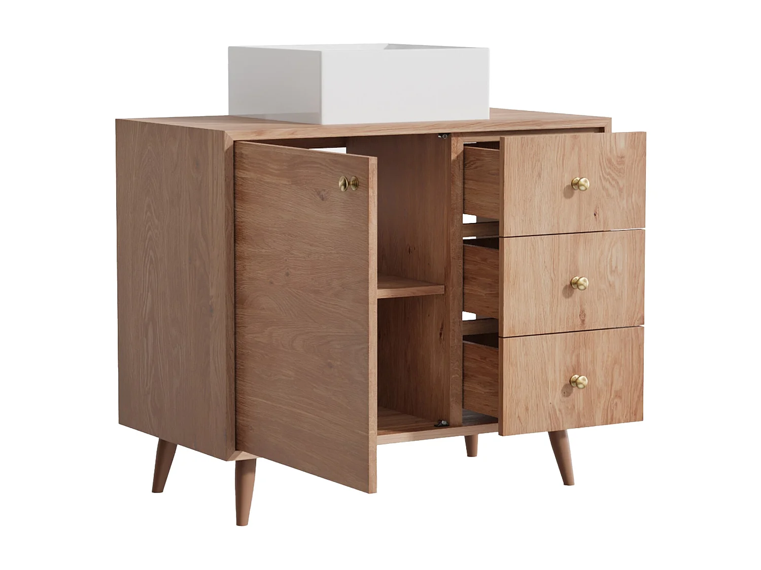 Meuble de salle de bain en chêne massif avec vasque à poser carrée  - Naturel clair - 93 cm - ZARENO