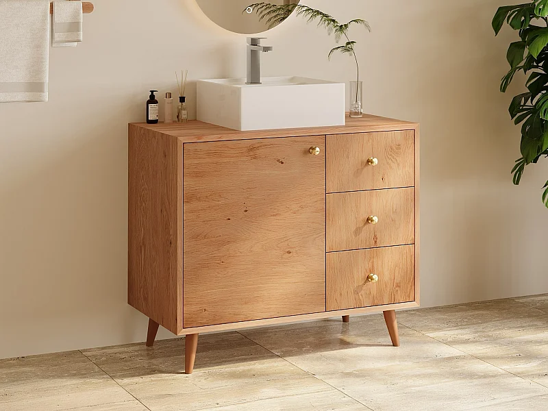Meuble de salle de bain en chêne massif avec vasque à poser carrée  - Naturel clair - 93 cm - ZARENO