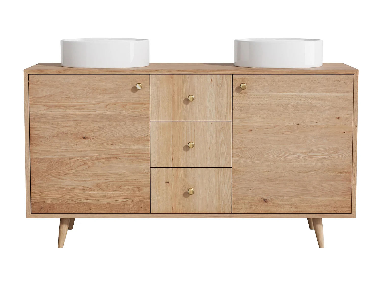 Unterschrank aus Massivholz Eiche mit rundem Aufsatzbecken - Hell Natur - 145 cm - ZARENO