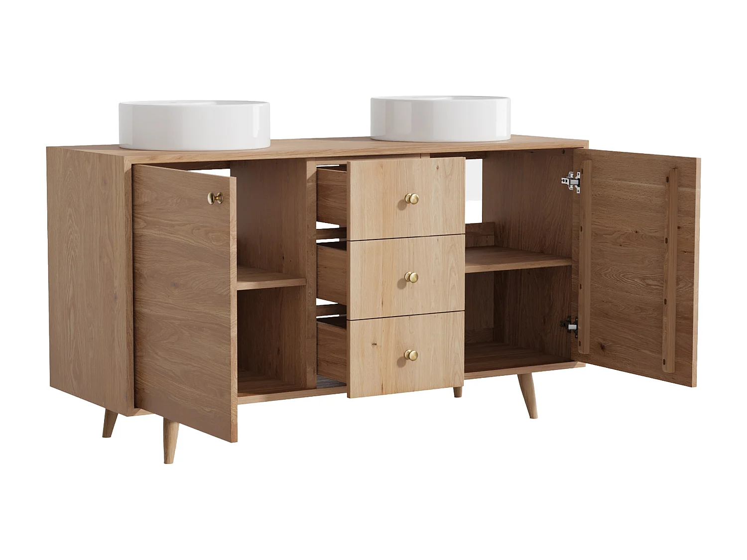 Unterschrank aus Massivholz Eiche mit rundem Aufsatzbecken - Hell Natur - 145 cm - ZARENO