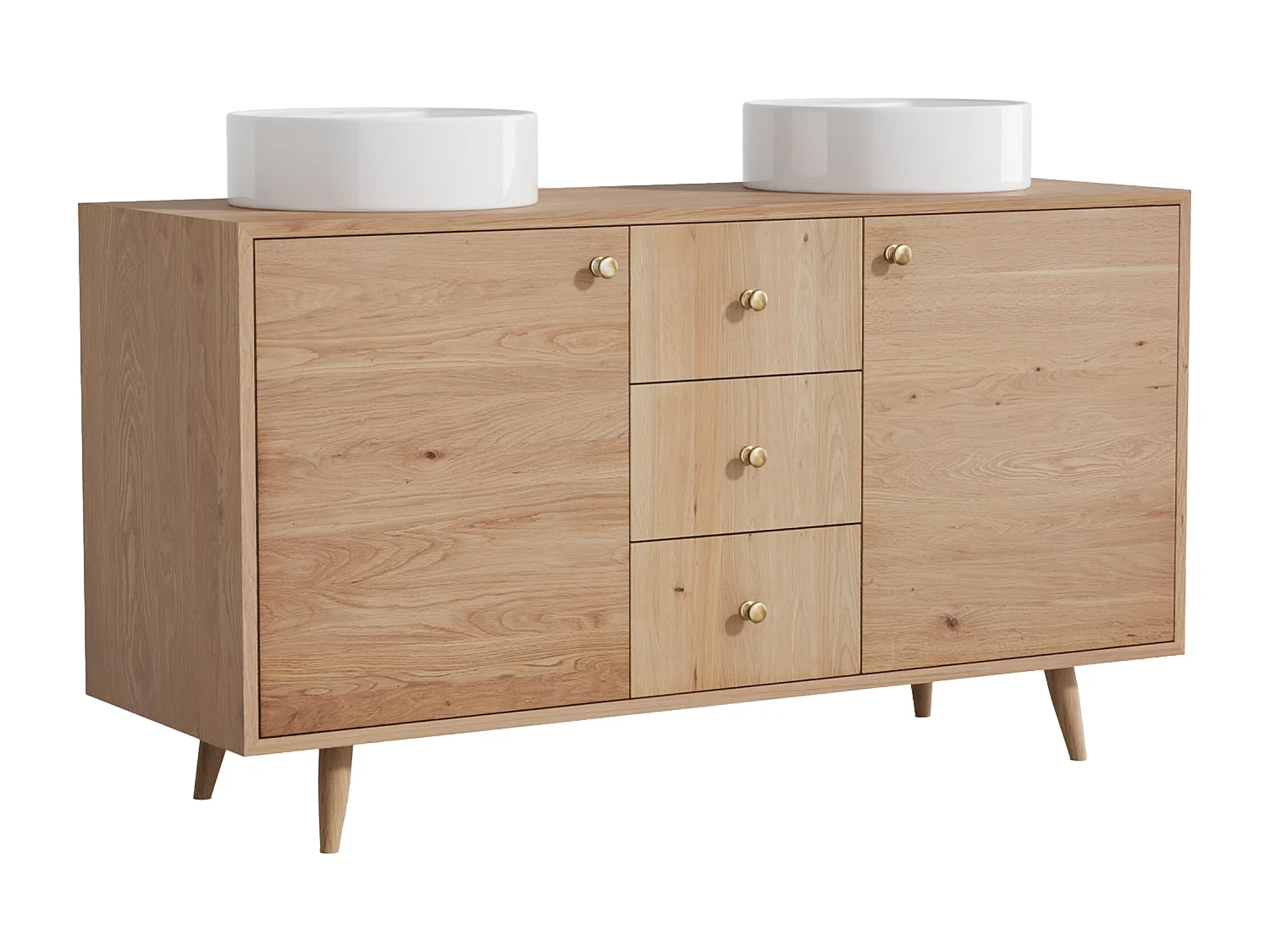 Unterschrank aus Massivholz Eiche mit rundem Aufsatzbecken - Hell Natur - 145 cm - ZARENO