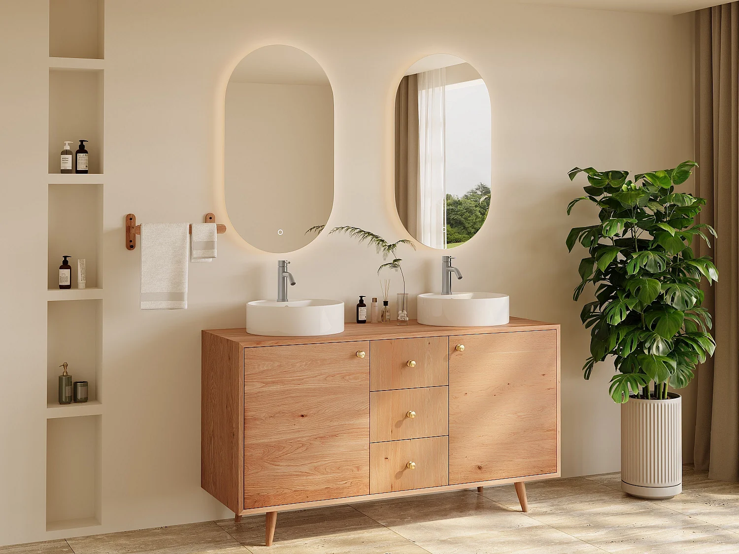 Unterschrank aus Massivholz Eiche mit rundem Aufsatzbecken und Armatur - Hell Natur - 145 cm - ZARENO