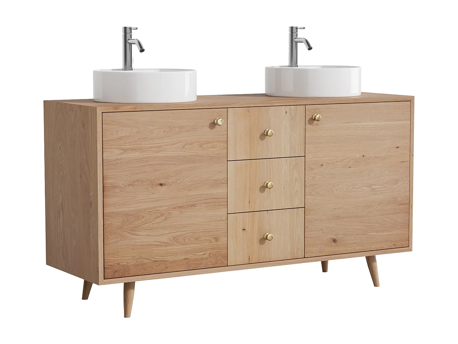 Unterschrank aus Massivholz Eiche mit rundem Aufsatzbecken und Armatur - Hell Natur - 145 cm - ZARENO