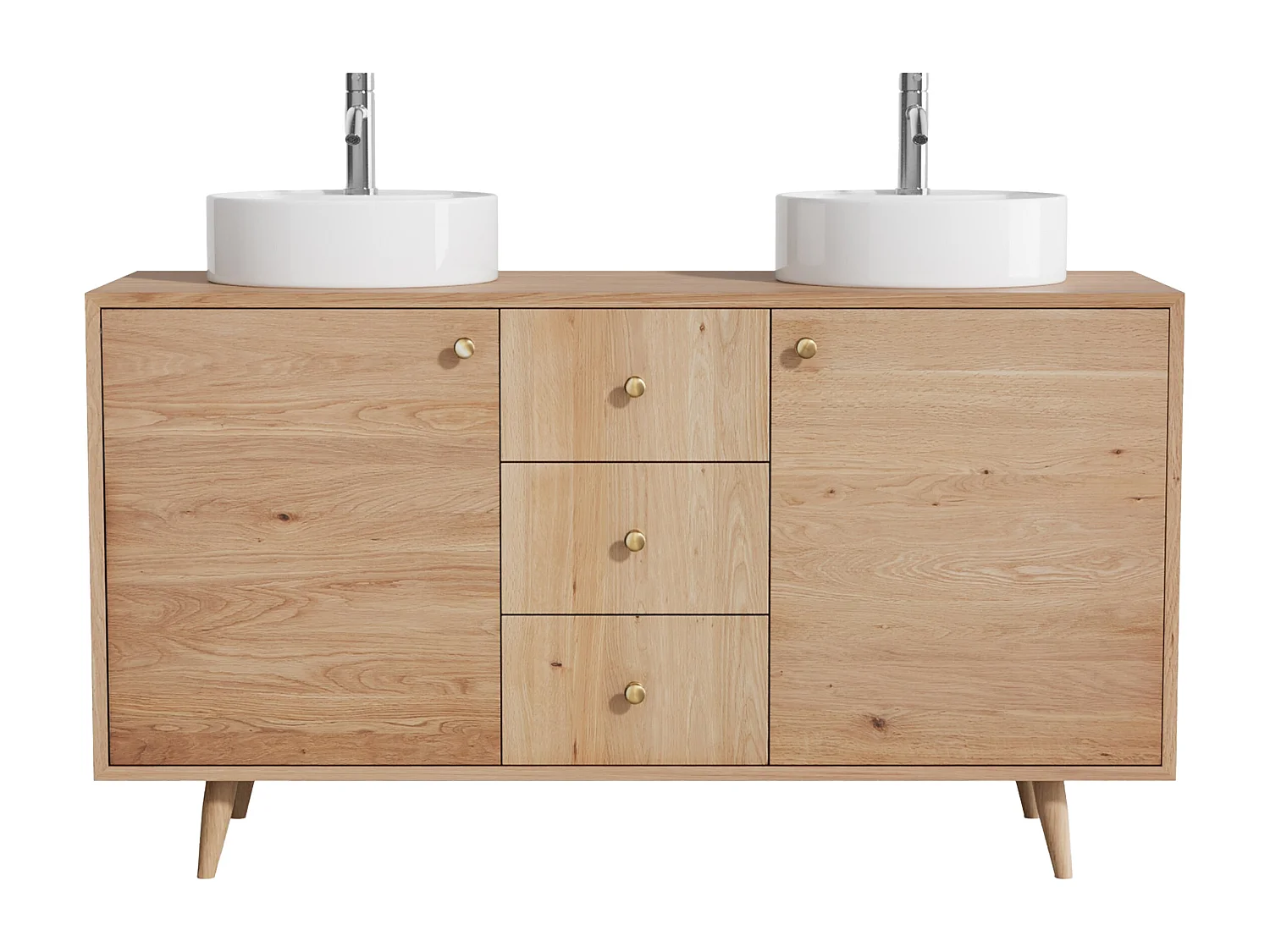 Unterschrank aus Massivholz Eiche mit rundem Aufsatzbecken und Armatur - Hell Natur - 145 cm - ZARENO