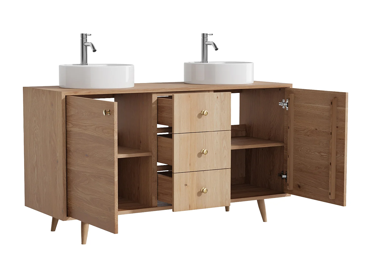 Unterschrank aus Massivholz Eiche mit rundem Aufsatzbecken und Armatur - Hell Natur - 145 cm - ZARENO