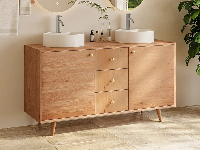 Unterschrank aus Massivholz Eiche mit rundem Aufsatzbecken und Armatur - Hell Natur - 145 cm - ZARENO