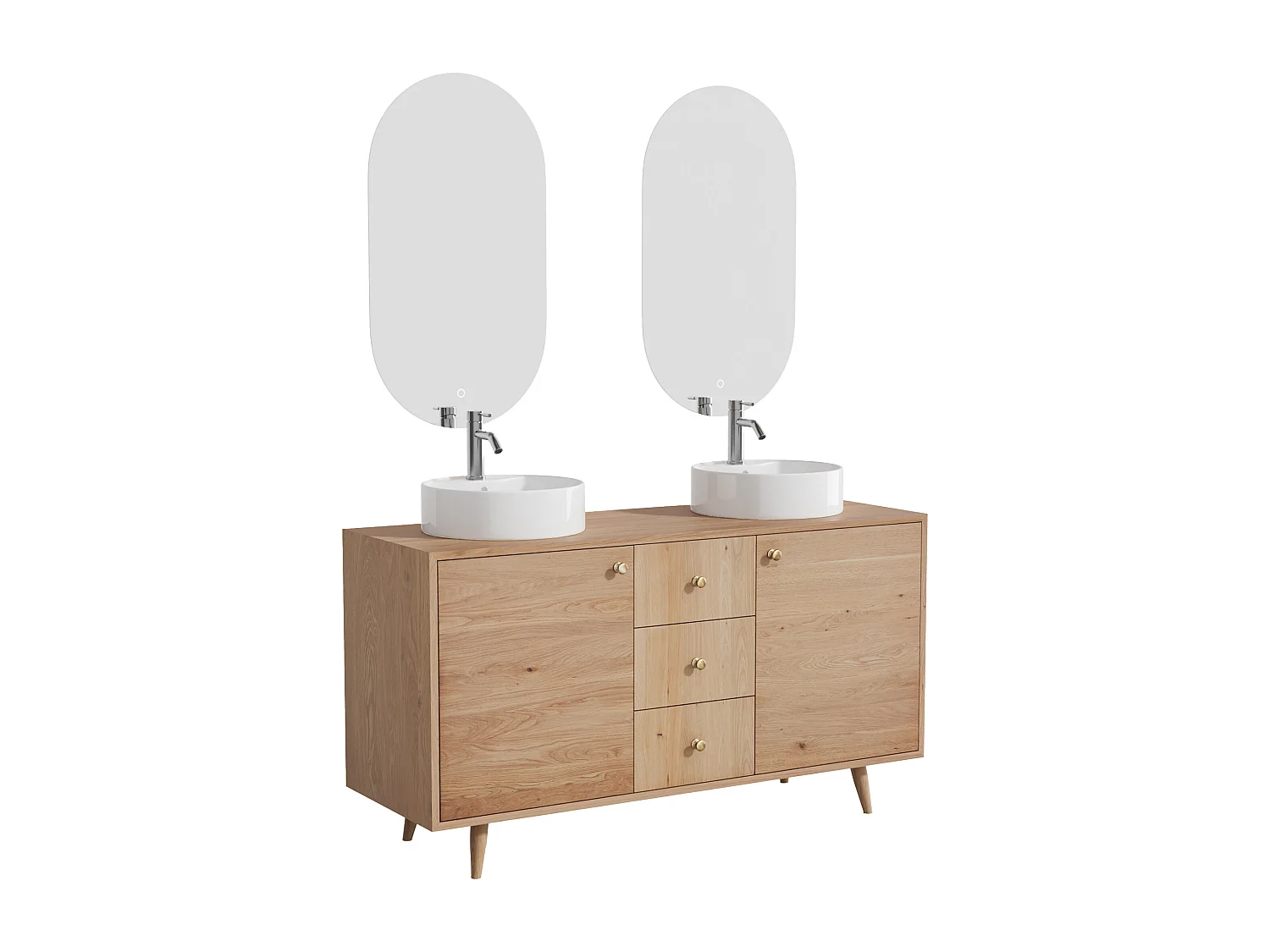 Unterschrank aus Massivholz Eiche mit rundem Aufsatzbecken, Spiegel und Armatur - Hell Natur - 145 cm - ZARENO