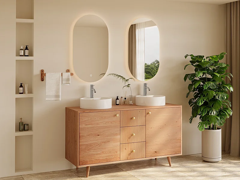 Unterschrank aus Massivholz Eiche mit rundem Aufsatzbecken, Spiegel und Armatur - Hell Natur - 145 cm - ZARENO
