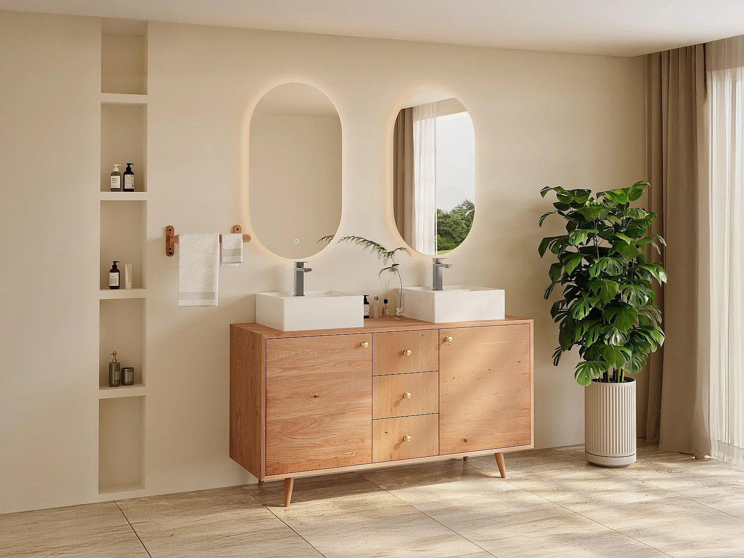 Unterschrank aus Massivholz Eiche mit quadratischem Aufsatzbecken, Spiegel und Armatur - Hell Natur - 145 cm - ZARENO