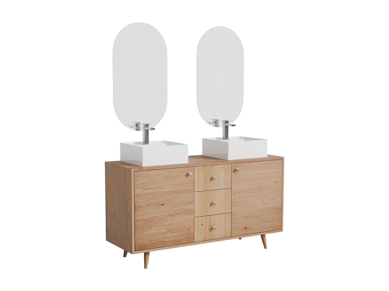 Unterschrank aus Massivholz Eiche mit quadratischem Aufsatzbecken, Spiegel und Armatur - Hell Natur - 145 cm - ZARENO