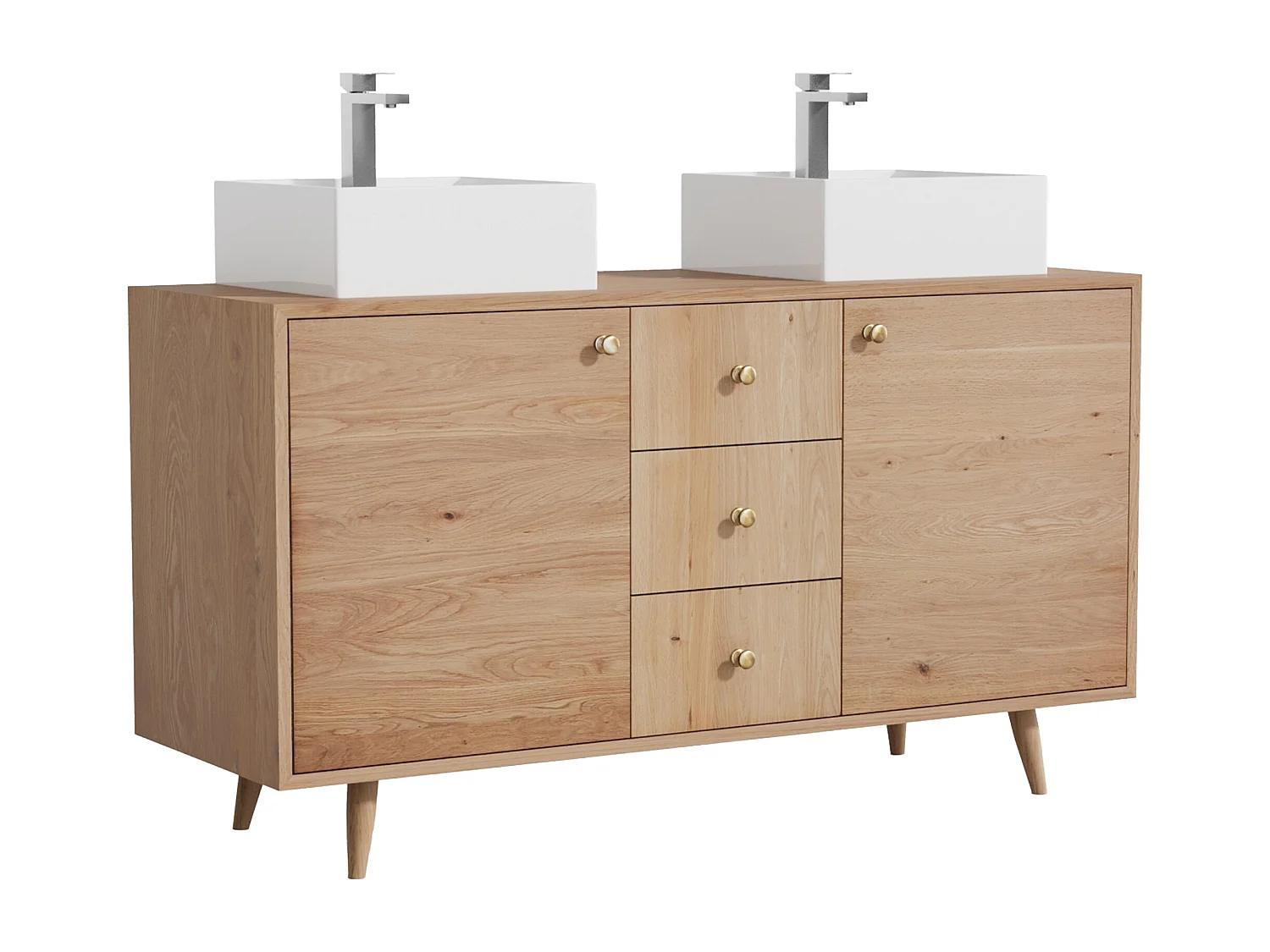 Unterschrank aus Massivholz Eiche mit quadratischem Aufsatzbecken und Armatur - Hell Natur - 145 cm - ZARENO