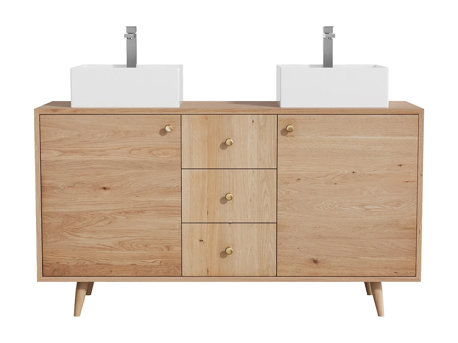 Unterschrank aus Massivholz Eiche mit quadratischem Aufsatzbecken und Armatur - Hell Natur - 145 cm - ZARENO