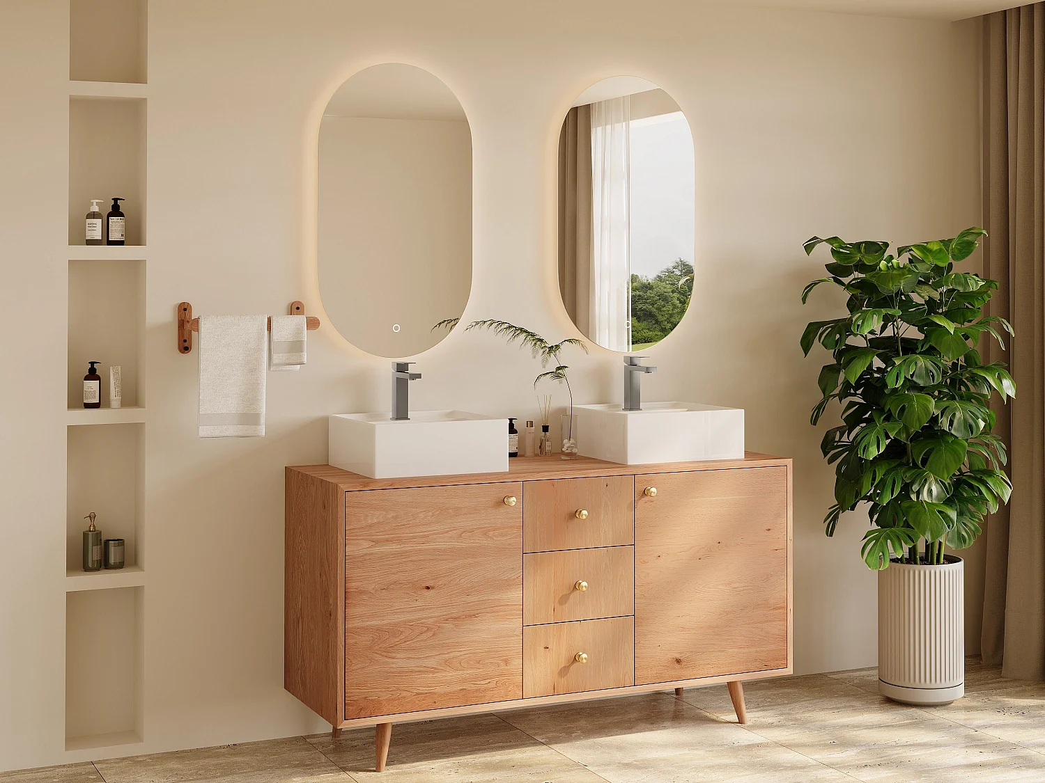 Unterschrank aus Massivholz Eiche mit quadratischem Aufsatzbecken - Hell Natur - 145 cm - ZARENO