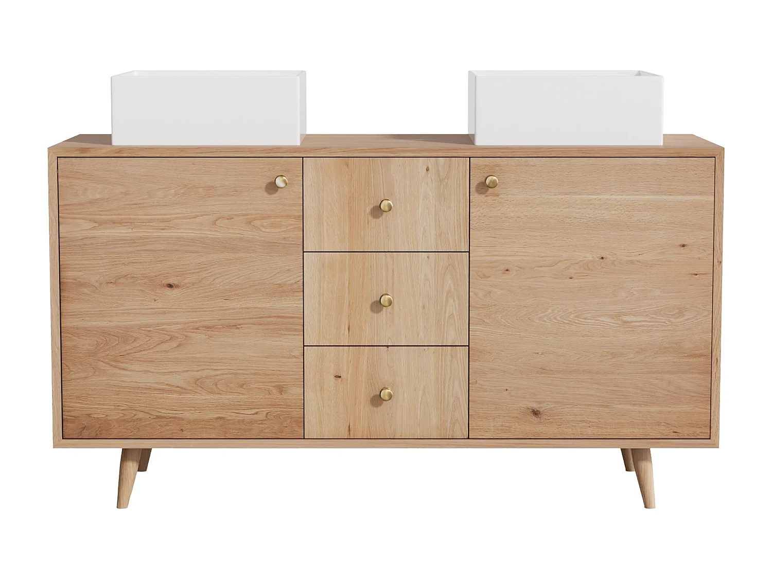 Unterschrank aus Massivholz Eiche mit quadratischem Aufsatzbecken - Hell Natur - 145 cm - ZARENO