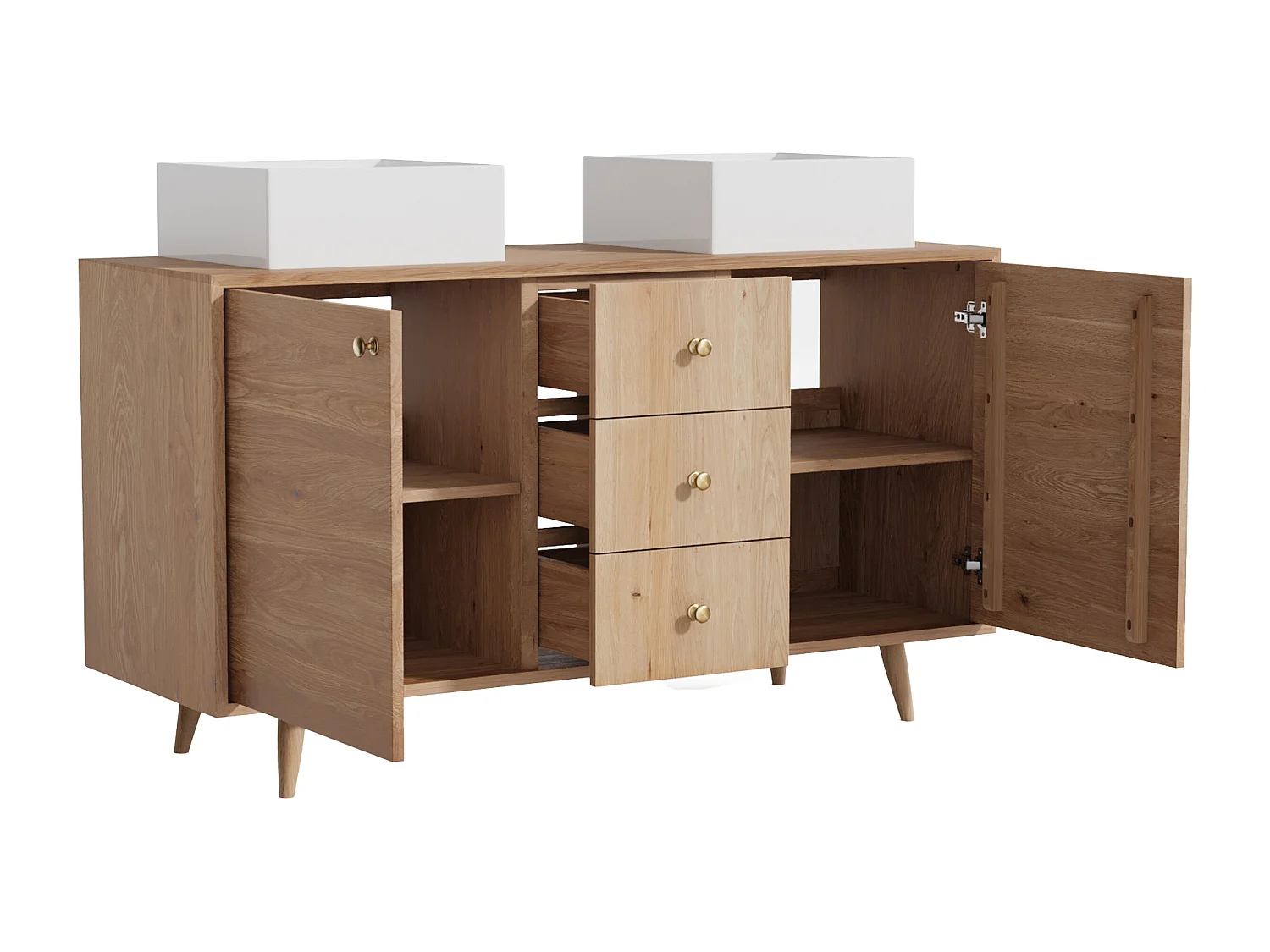 Unterschrank aus Massivholz Eiche mit quadratischem Aufsatzbecken - Hell Natur - 145 cm - ZARENO