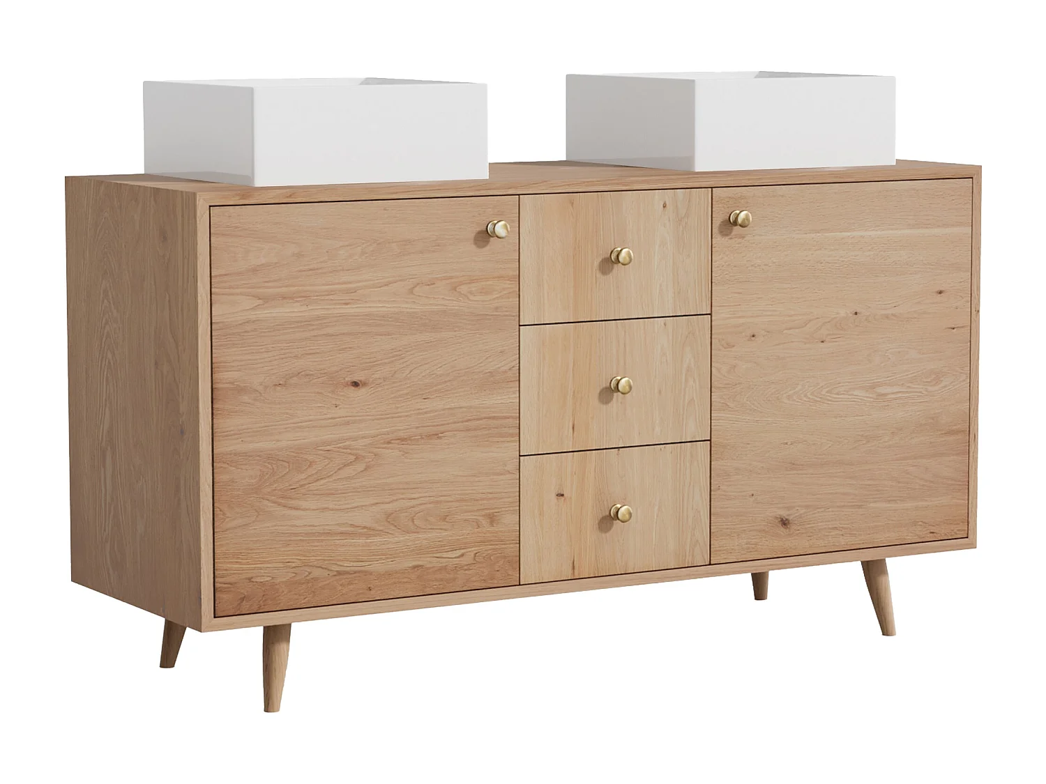 Unterschrank aus Massivholz Eiche mit quadratischem Aufsatzbecken - Hell Natur - 145 cm - ZARENO