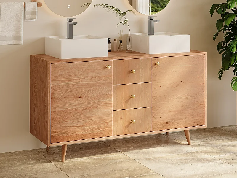 Unterschrank aus Massivholz Eiche mit quadratischem Aufsatzbecken - Hell Natur - 145 cm - ZARENO