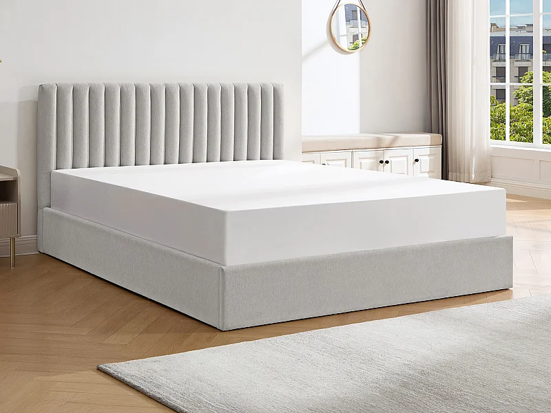 Lit coffre 140 x 190 cm – Tissu – Gris clair + Matelas - SARANELI