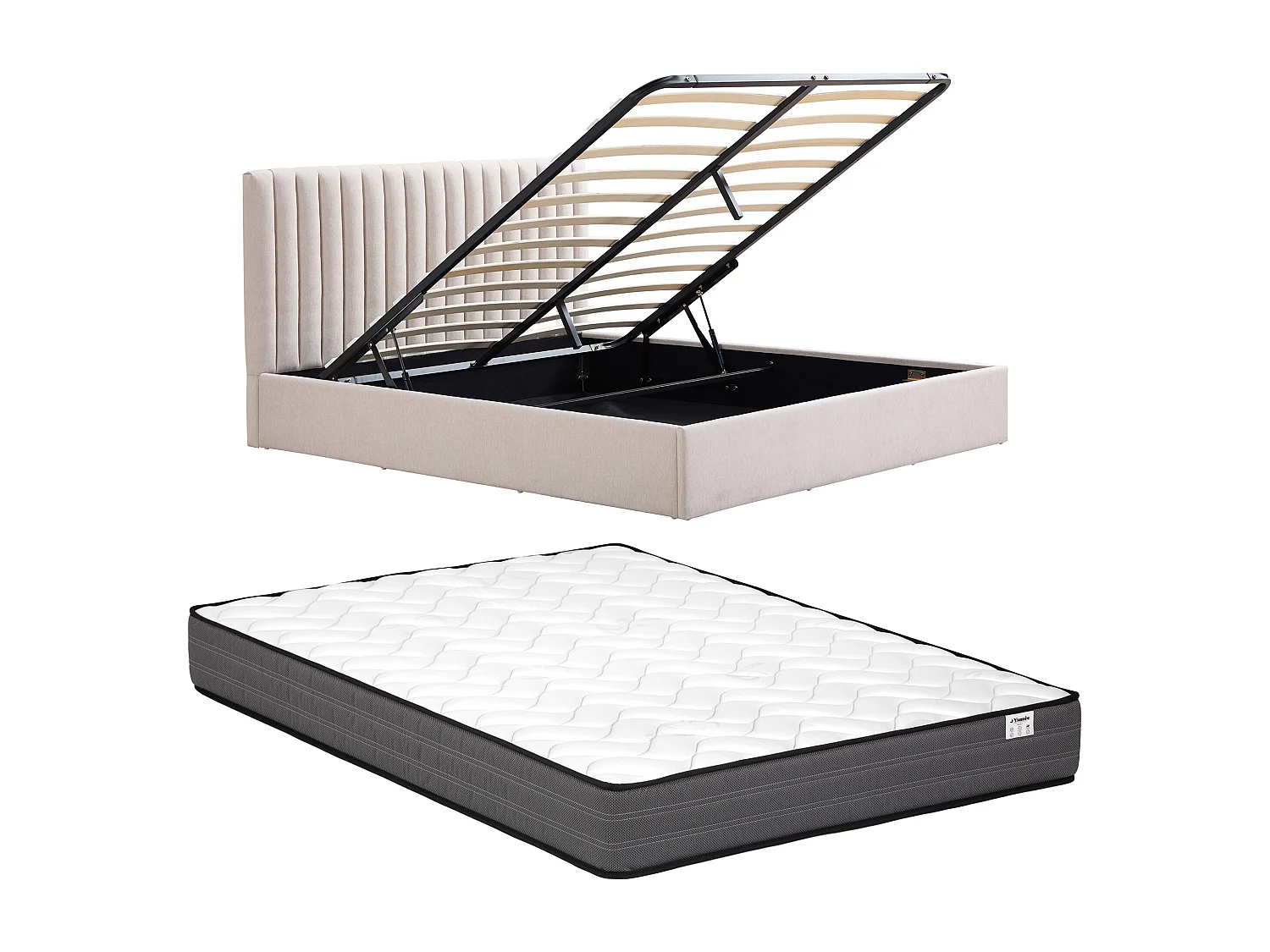 Lit coffre 160 x 200 cm – Tissu – Beige + Matelas - SARANELI