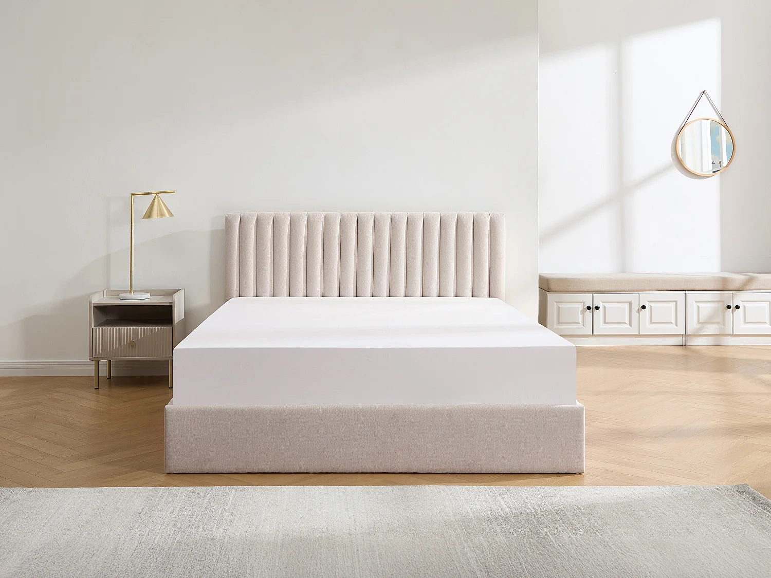 Lit coffre 180 x 200 cm – Tissu – Beige + Matelas - SARANELI