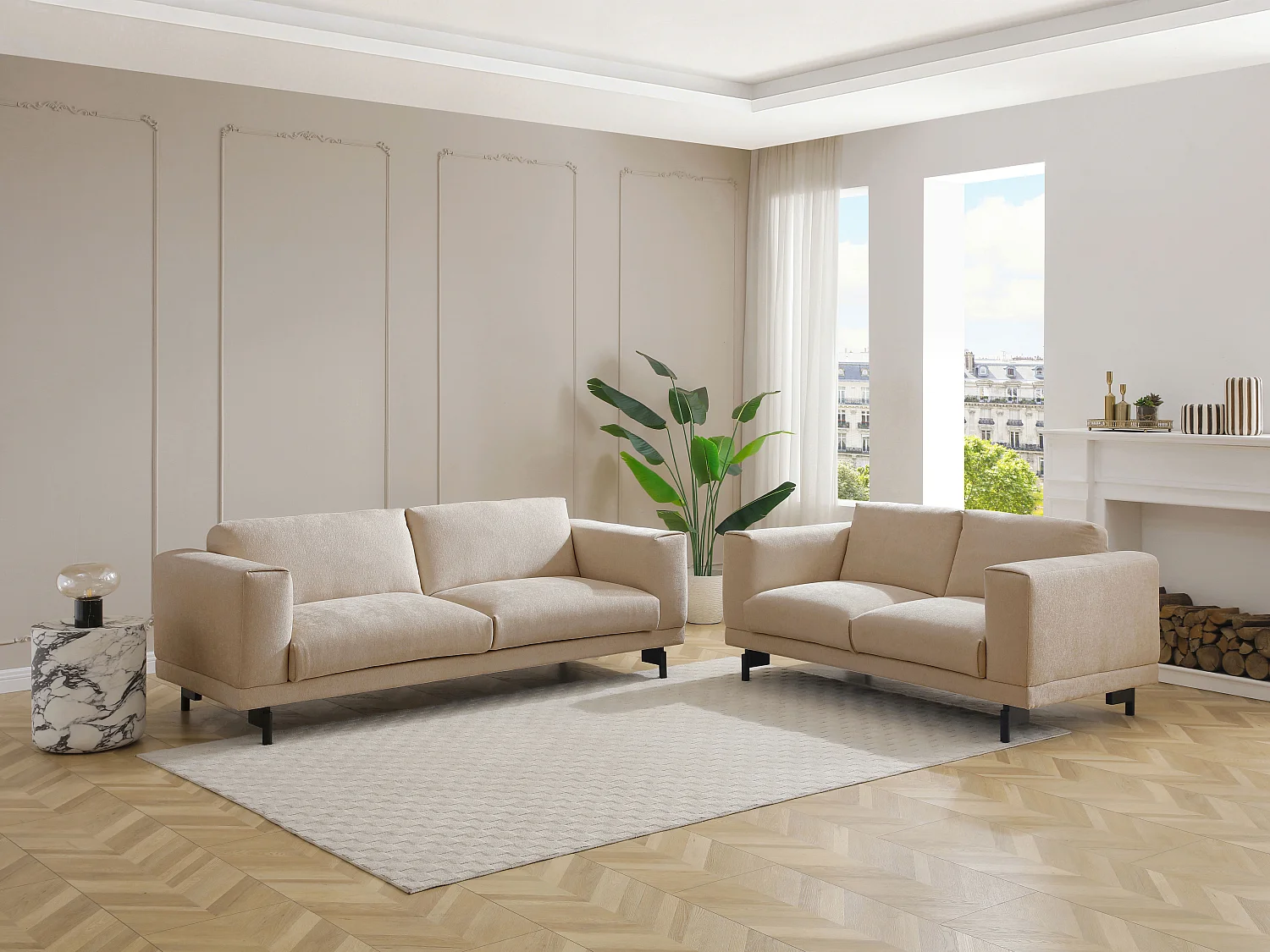 Canapés 3 places et 2 places en tissu chenille beige DEMBOLA