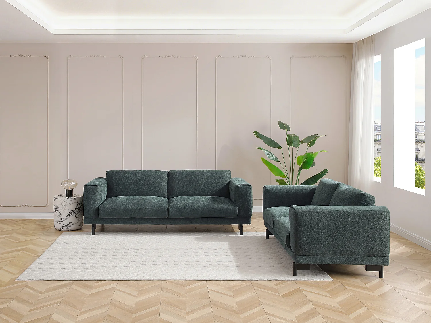 Canapés 3 places et 2 places en tissu chenille vert DEMBOLA